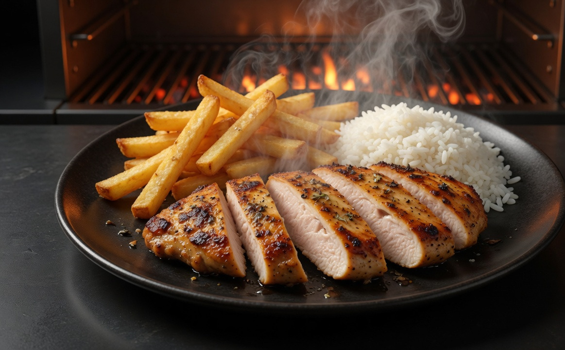 Hühnernaturschnitzel mit Reis oder Pommes